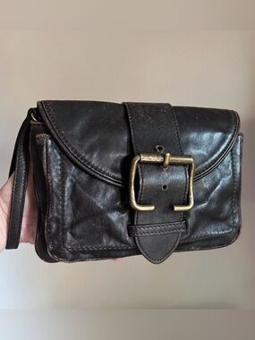 Brooks Brothers Brown Leather Wristlet Clutch Mini Purse Brass Buckle Distressed